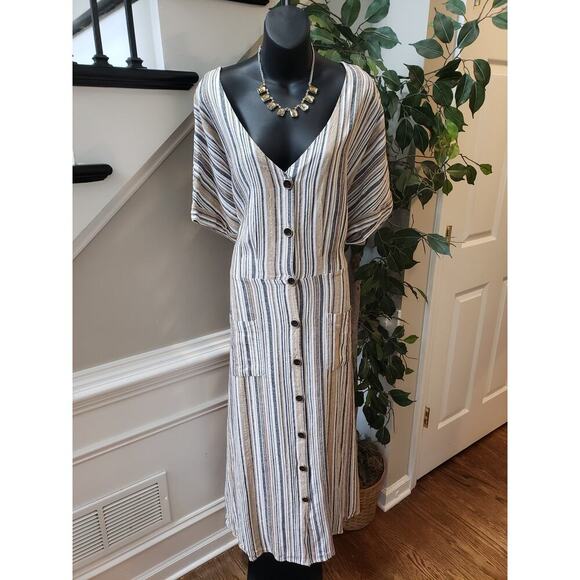 Ashley Stewart Long Maxi Dress Women 18 Beige Striped V Neck Pocket Button Front - Picture 1 of 14